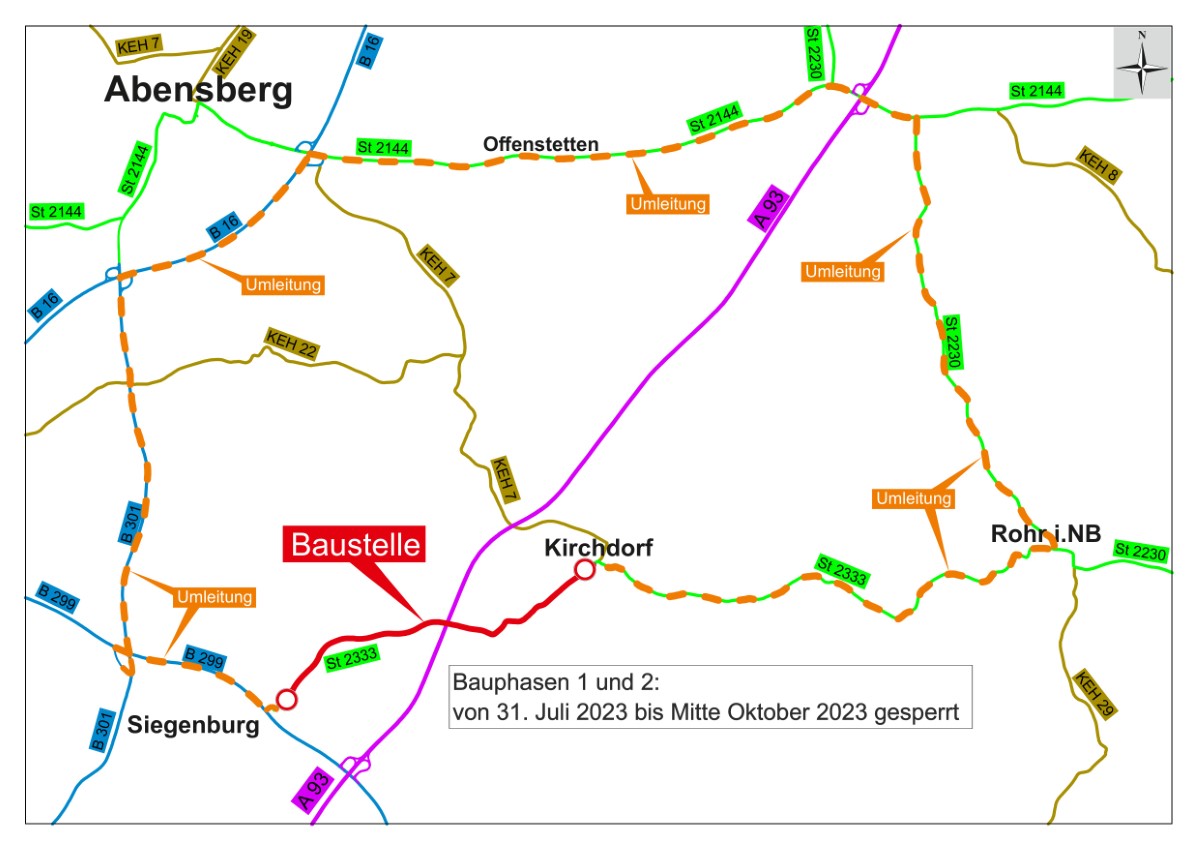 Ab Montag, 31. Juli: Staatliches Bauamt saniert die St 2333 zwischen Siegenburg und Kirchdorf
